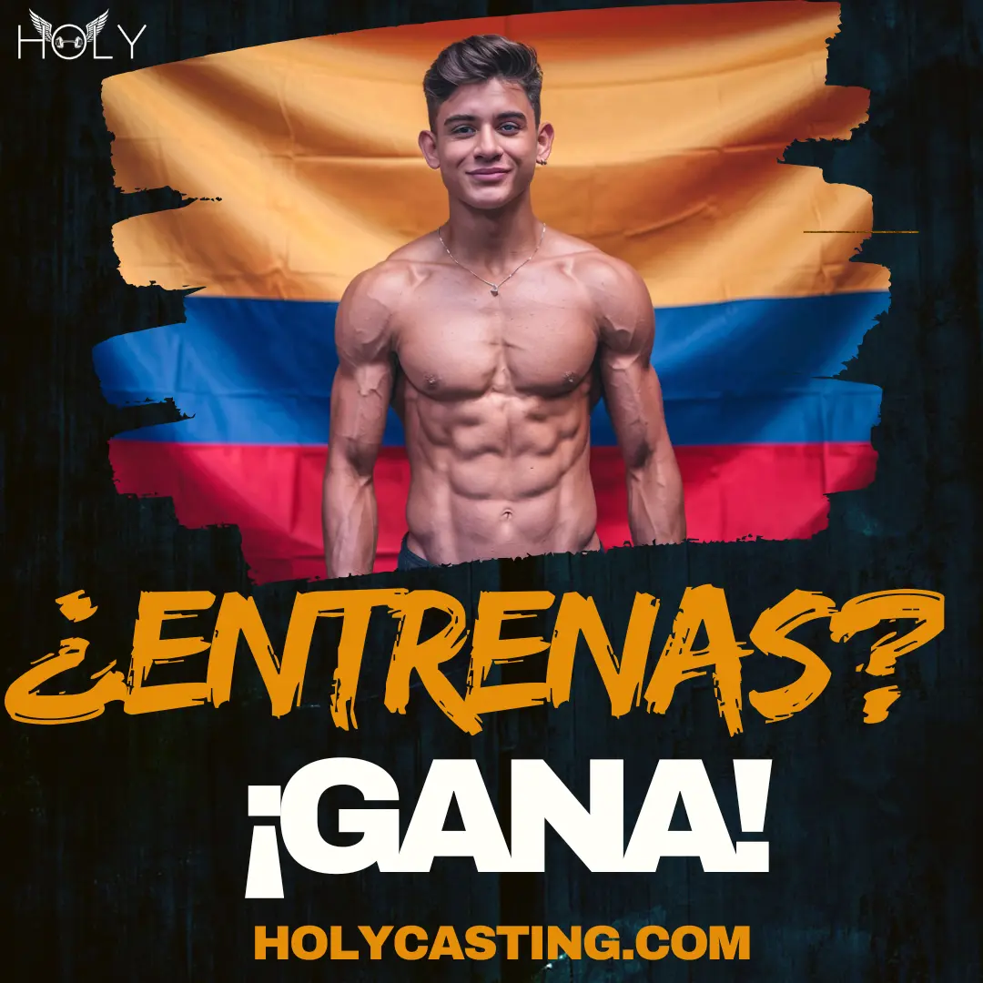 Modelo fitness sonriendo frente a la bandera de Colombia, simbolizando orgullo y determinación